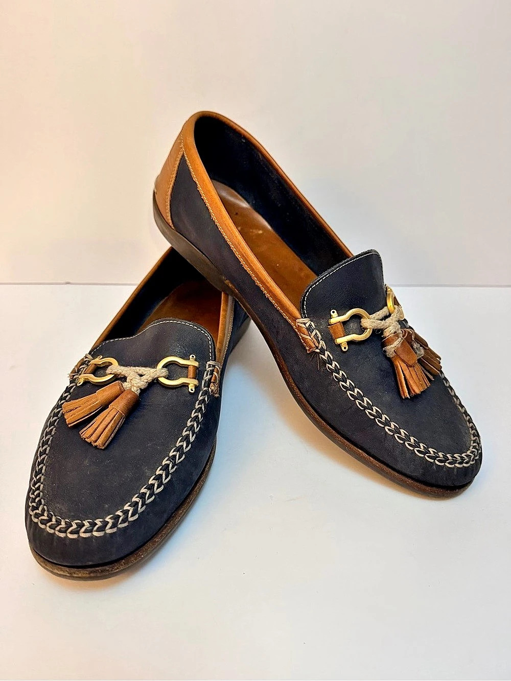 BALLY Men's US 10 Navy Brown Leather Tassel Loafers Slip On Made Italy